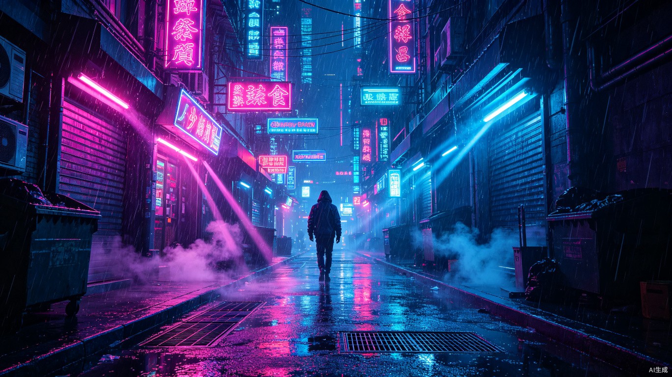 旧版霓虹光示例:雨夜城市里的彩色灯光