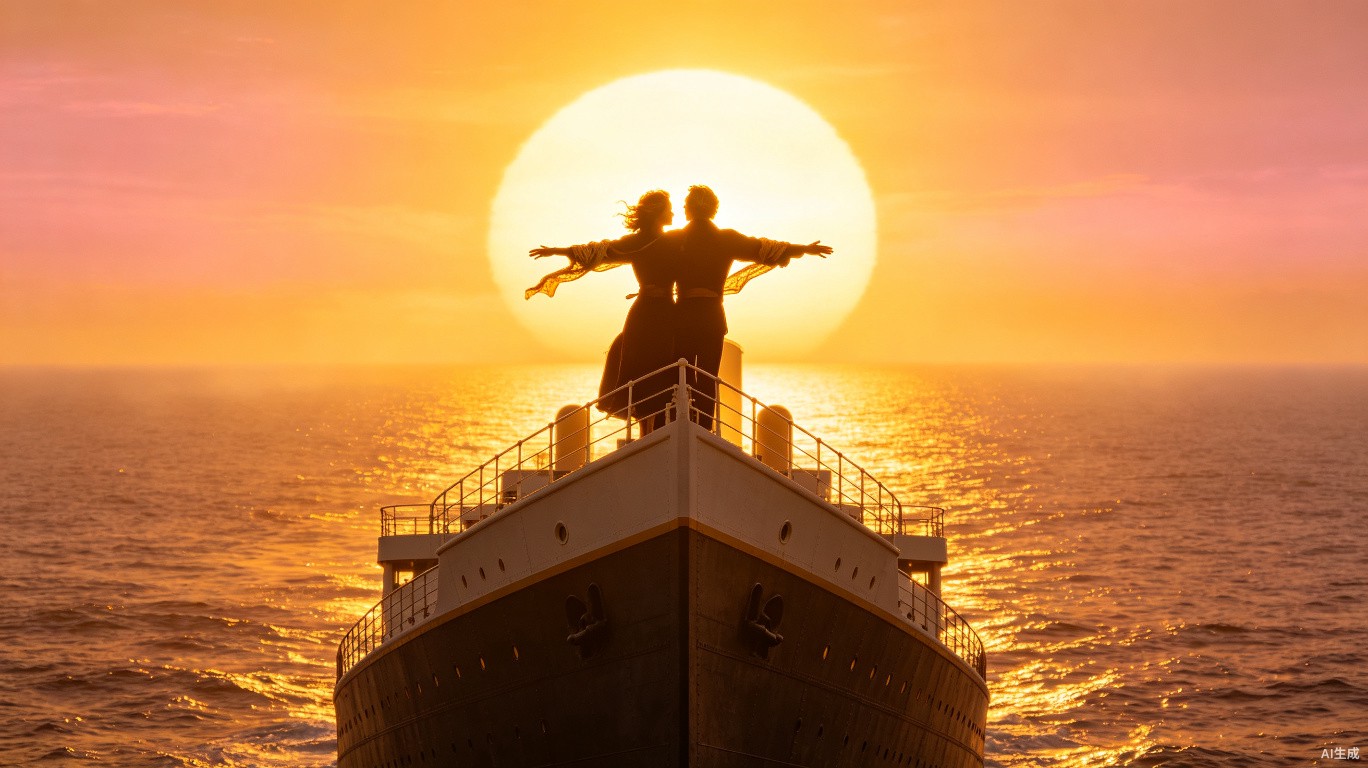 旧版黄金时刻示例:夕阳下的船头与人物剪影